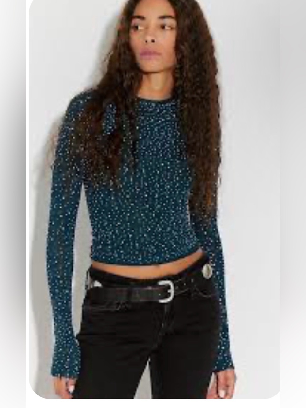 We The Free Night Skye Women's Teal Speckled Long-Sleeve Crewneck Top
